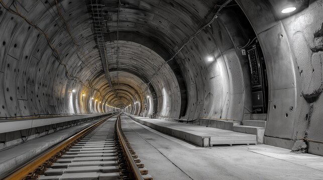 Fototapeta Illuminated Underground Tunnel with Railway Tracks