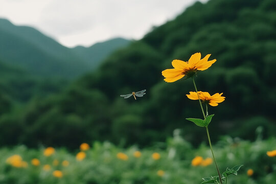 Vibrant yellow flower attracts a dragonfly in a lush green setting
