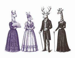man and Women with animal heads. engraving illustration