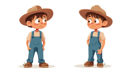 Sad Bored Boy in Farmer Overalls Cartoon Character