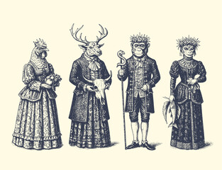 man and Women with animal heads. engraving illustration