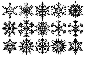 set of black and white floral patterns Set of 36 Symmetrical Snowflake Line Icons &ndash; Black Vector Shapes with Intricate 6-Fold Designs