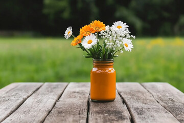Vibrant flowers in a jar on rustic table in a natural setting