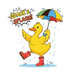 Cartoon Handdrawn Duck with Umbrella Character in Rain Illustration