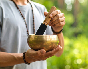 Man Meditating with Tibetan Singing Bowl
