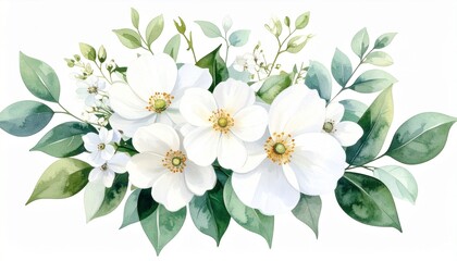Fototapeta premium White flowers and mint green leaves watercolor botanical arrangement PNG illustration cut out hand drawn for digital marketing on transparent background