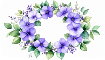 Purple flowers and emerald green leaves watercolor botanical wreath PNG illustration cut out hand drawn for home decor on transparent background