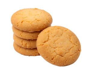Stack of delicious homemade golden brown cookies on a plain white background in perfect detail