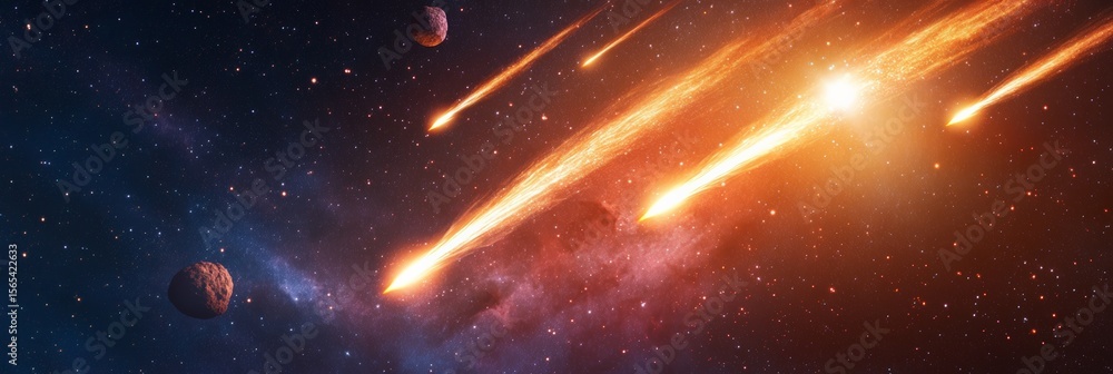 Poster blazing meteorites are entering the atmosphere, creating bright trails of fire against a backdrop of