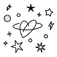 Hand-drawn cosmic heart, stars, and lightning; whimsical, playful style.