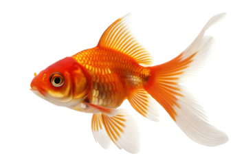 Vivid orange goldfish with white fins swimming against a clear background showing detailed scales now