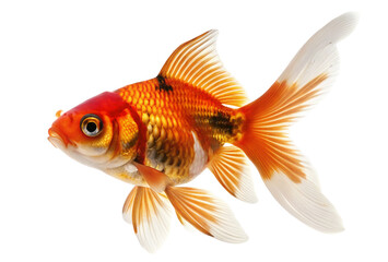 Vibrant goldfish swimming gracefully with flowing fins in a white studio background image side view