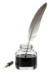 A classic light gray quill feather pen with metallic nib, poised in a clear glass inkwell with dark black ink, isolated on a transparent background, no shadows, professional studio photography