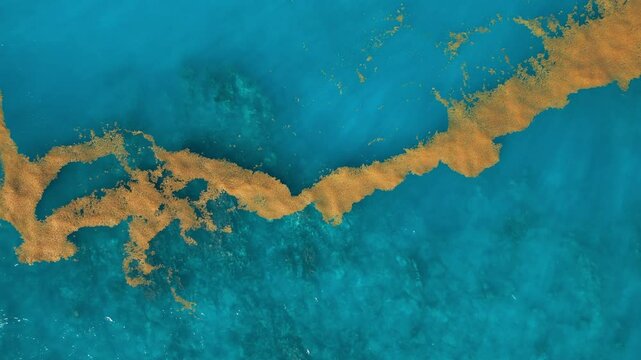 Sargassum seaweed in the turquoise Atlantic Ocean. Top view