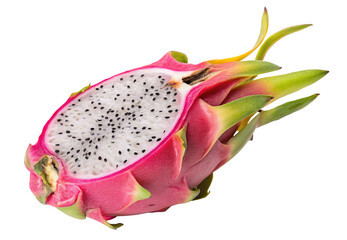 Fresh sliced dragon fruit with vibrant pink skin and white flesh on black background