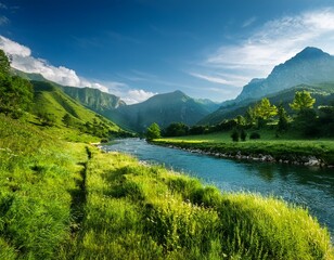 Fototapeta premium scenic mountainous landscape with serene river and lush greenery
