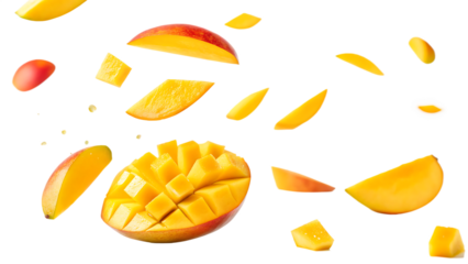 Flying falling sliced mango isolated on a white background PNG. AI GENERATED.