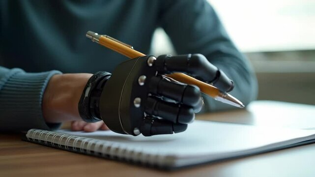 Close-up of a man with a bionic prosthetic hand writing.

