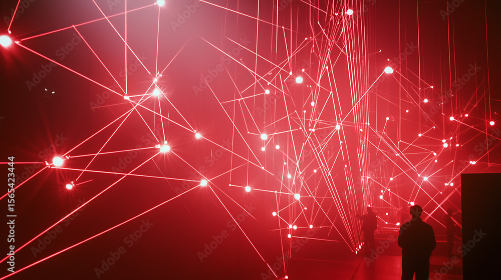 Poster a red and white light show with a lot of red lines and dots