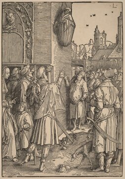 The Poet Virgil Suspended in a Basket, c. 1512, woodcut by Lucas van Leyden, illustrating a satirical medieval legend about Virgil&rsquo;s humiliation.
