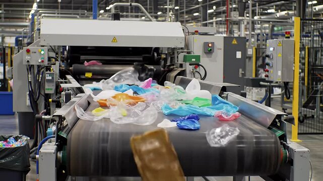 Plastics on conveyor belt in industrial recycling plant for processing