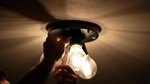 Hands installing light bulb into a dark fixture on a white ceiling