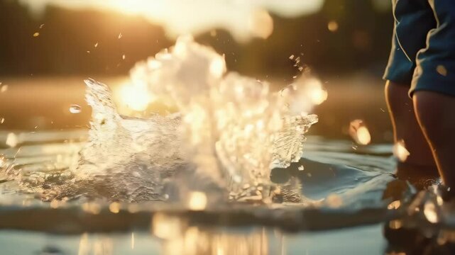 Close-up of a boy's hand skipping a stone across a lake at sunset.

