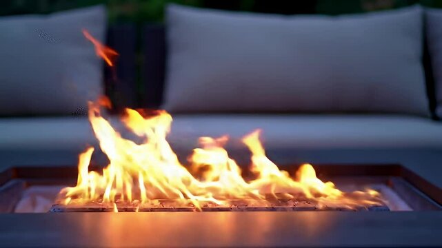 Outdoor firepit ablaze with flames, cushions in background