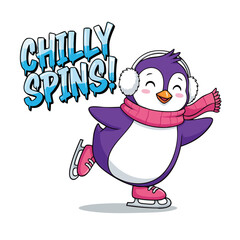 Cheerful Cartoon Style Penguin Ice Skating Animal Character Illustration