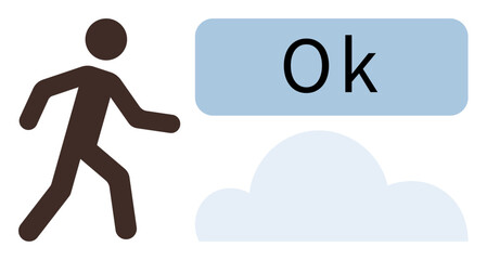 Minimalist figure walking ahead beside a Ok banner and cloud. Ideal for concepts thumbs up progress, success, approval, confidence, minimalism, simplicity, positivity. A simple flat metaphor
