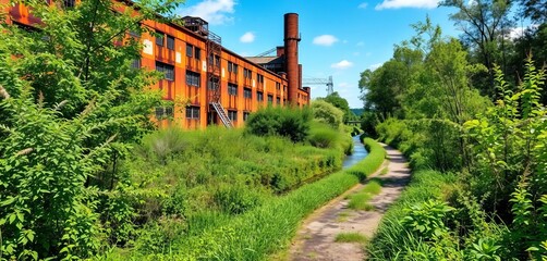 Fototapeta premium Overgrown path winds beside a rusty, abandoned factory, stream gurgling nearby, brick, photography
