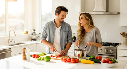 young couple cooking together