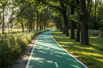 Obraz premium A winding green bike path with white dashed lines curves through a sun dappled park lined with tall trees and lush green grass