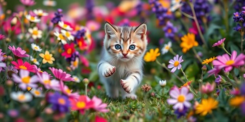 Tiny kitten dashes through vibrant spring flowers, playful paws extended,  playful,   movement