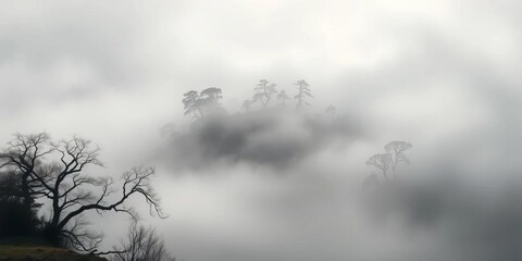 Misty island shrouded in fog, ancient trees, ink wash painting style,  silence hieroglyph, brush, symbol