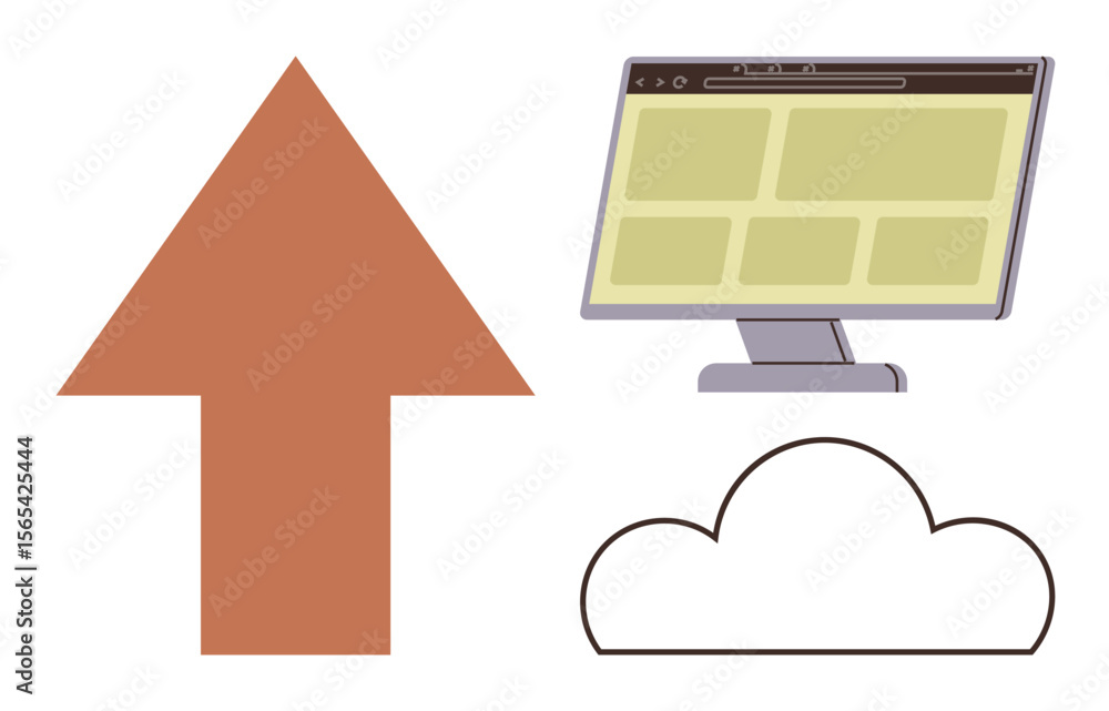 Poster large upward arrow, computer monitor with browser window, and cloud outline indicating data upload, 