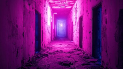 Neon-lit hallway in a dilapidated building.