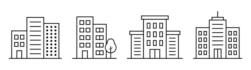 Line icon set of office and real estate business buildings. Vector and transparent png