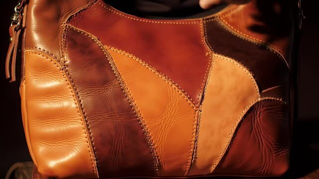 Leather handbag made of stitched-together patchwork in earth tones