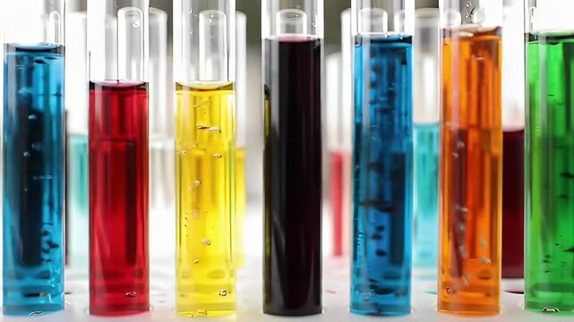 Rows of glass test tubes filled with multi-colored liquids and small bubbles