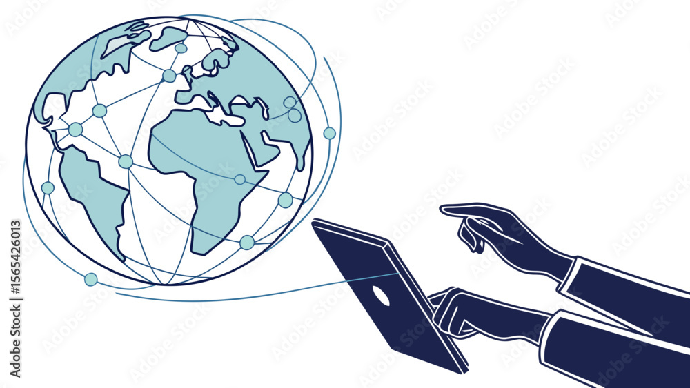 Poster global network connection with laptop for international business and communication technology concep