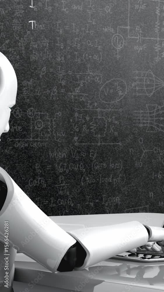 Poster robot hominoid use laptop and sit at table for engineering science studying using ai thinking brain 