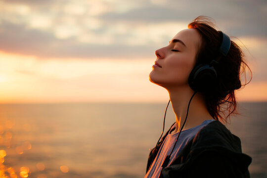 Chico relajado al atardecer - Relax y paz, respiraci&oacute;n con auriculares