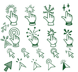 Doodle click icons set. Hand finger cursor pointer. Enable notifications. Customer five star rating and testimonials. Shop now and click here buttons. 