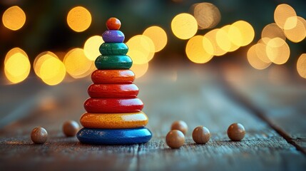 Obraz premium Colorful wooden stacking rings toy on a rustic wooden surface, with bokeh lights in the background
