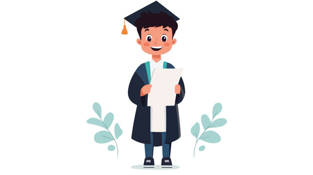 Young boy in science gown holding paper on white background