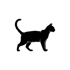A black silhouette of a domestic cat standing and looking to the right side