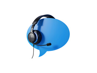 Helpful Dialogue Bubble: A visual depiction of customer support, featuring a headset atop a vibrant blue speech bubble. Emphasizing communication and assistance in a modern style.