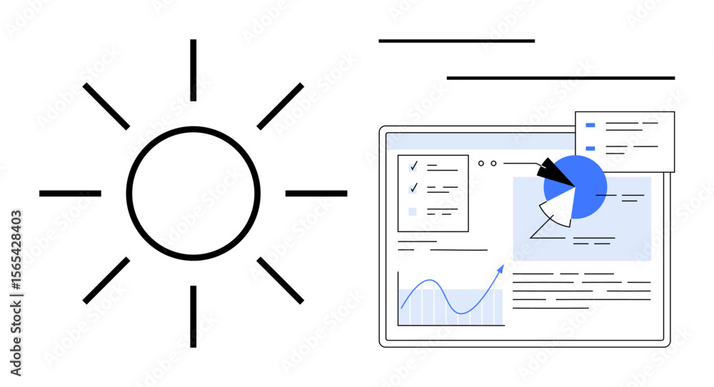 Poster sun icon paired with a digital analytics dashboard featuring a pie chart, line graph, and text eleme