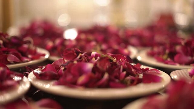 Close-Up of Rose Petal Plates Held for Groom's Welcome at Traditional Wedding Ceremony